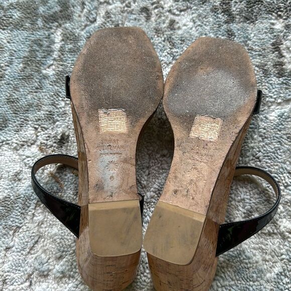 Stuart Weitzman Aleena Wedge Slide Sandal. Square toes. Black patent straps. 6 - Picture 6 of 7